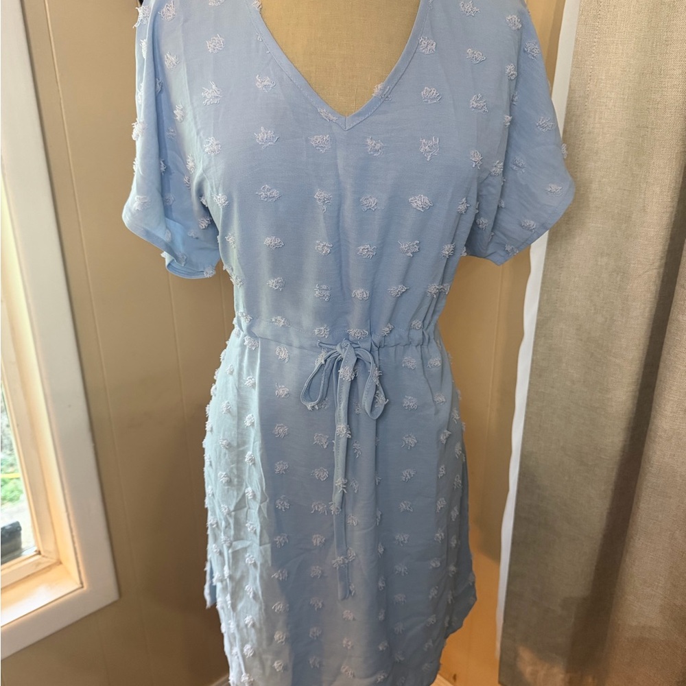 Light Blue V-Neck Midi Dress with Tie Waist